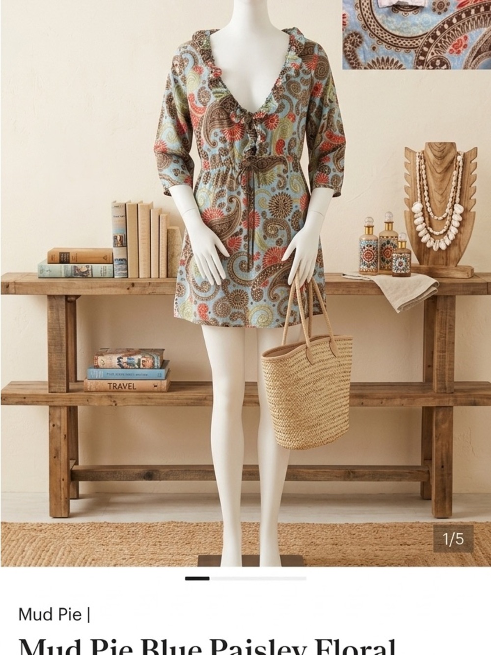 Mud Pie Blue Paisley Floral Ruffle-Neck Tunic